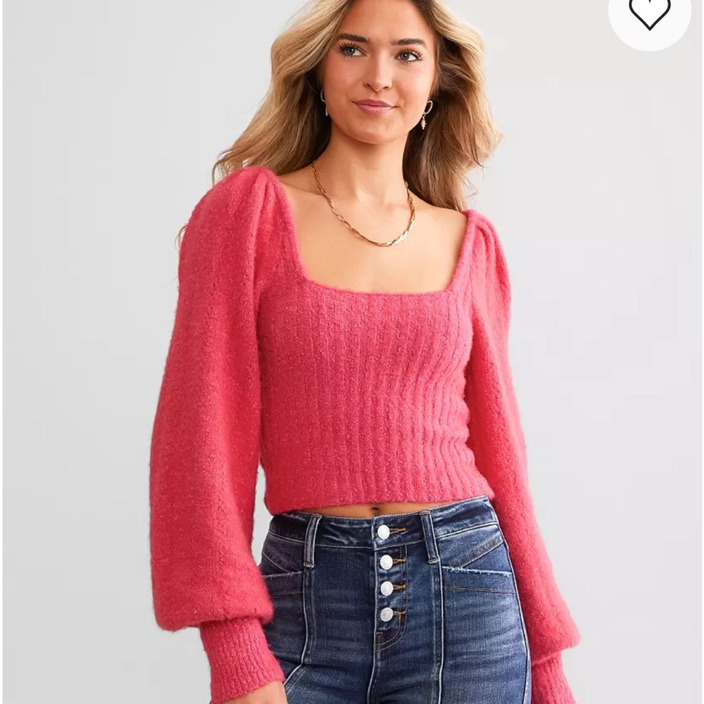 Free People Katie Cropped Sweater NWT Size Medium Pink Balloon Sleeve - Picture 2 of 7